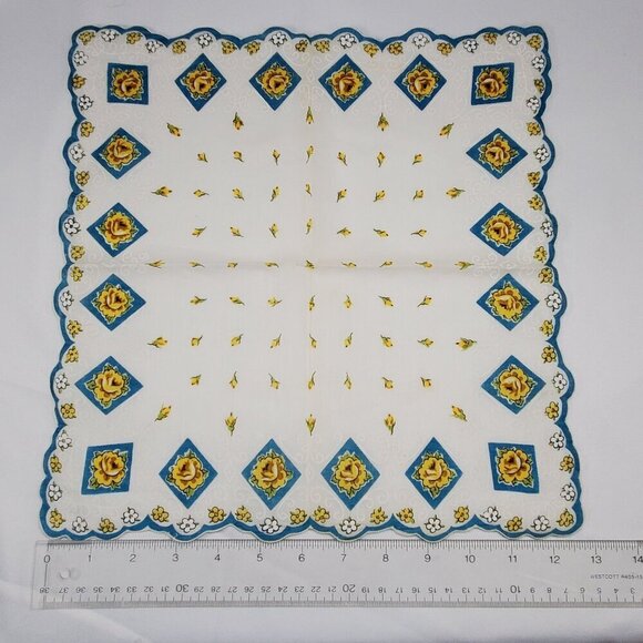 VTG Floral Yellow Rose Handkerchief Hand Rolled Scalloped Edge Womans Hankie - Picture 3 of 10